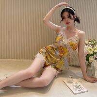 Lisacmvpnel Women Summer Ice Silk Lace Pajamas Suspender Shorts Print Floral Two-piece Set With Chest Pad Sleepwear