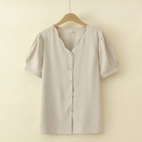 【มีไซส์ใหญ่】Plus Size Womens V-neck Button Up Summer Blouses Short Sleeve Elegant Female Tops Ladies OL Blusas