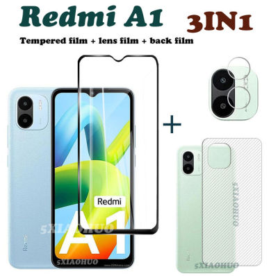 (3in1) สำหรับ Redmi A1ฟิล์มกระจกนิรภัย Redmi A1 ป้องกันหน้าจอฟิล์มกระจกนิรภัย + คาร์บอนไฟเบอร์กลับฟิล์ม + กล้องเลนส์ฟิล์ม