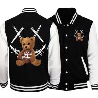 Cartoon Bear Bound Funny Pattern Womens Baseball Uniform Loose Warm Coat S-5xl Casual Autumn Jacket Fleece New Woman Streetwear