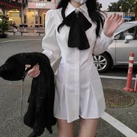 COCONI Bow Lapel Shirt Dress Women New Korean Style Long Sleeve Nipped Waist Easy-Matched Skirt Baju Perempuan