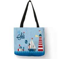 【Lanse store】Cartoon Ocean Voyage Design Handbag Sail Boat Wave Printed Tote Bag Light Blue Color Lightweight Linen Student Book Shoulder