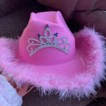 Cheap Western Style Cowboy Hat Pink Women Girls Birthday Party Caps With  Feather Sequins Decoration Crown Tiara Night Club Cowgirl Hats