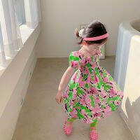 MILANCEL 2022 Summer Girls Dress Pink-green Floral Kids Skirt Square Neck Puff Sleeve Children Clothes