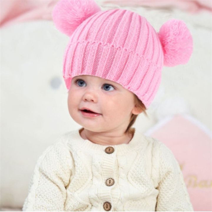 หมวกถักเด็กวัยหัดเดินสำหรับหมวกบีนนี่เด็กทารกสีทึบสอง-bobbles-หมวกให้ความอุ่นฤดูใบไม้ร่วงฤดูหนาว