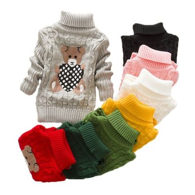 2023 Winter Girls Warm Sweaters Boys Thick Knitted Turtleneck Sweaters Baby High Collar Pullover Cartoon Bear Sweater Kids Coats