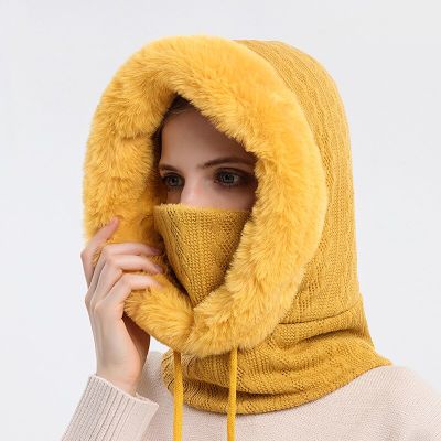 ：“{—— Winter Beanie Hat For Women Knitted Cap Fleece Camping Outdoor Sports Thick Wool Neck Scarf Caps Balaclava  Bonnet Hats Set