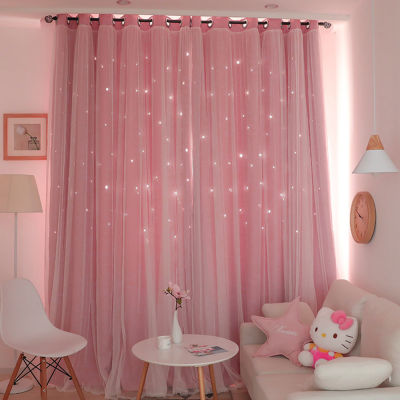 Double Layer Stars Blackout Curtains Pink Tull For Kids Room Sheer Curtains for Living Room Girls Bedroom Window Treatments