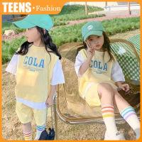 Teens Life  ชุดกีฬา เสื้อแขนสั้น กางเกงขาสั้น สําหรับเด็กผู้หญิง 1-10 ปี  เสื้อยืดเย็บปะติดปะต่อ + กางเกงขาสั้น เสื้อผ้าเด็กฤดูร้อน