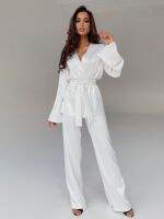 2023 Solid Color Pajamas For Women Robe Sets Full Sleeves Womens Home Clothes Trouser Suits Satin Nightgowns Spring Loungewear