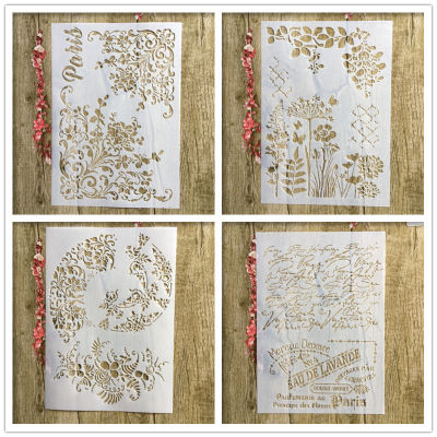 4Pcs Lot A4 Floral French Word DIY Layered Stencil Painting Scrapbook Coloring Embossed Album Decorative Paper Card Template