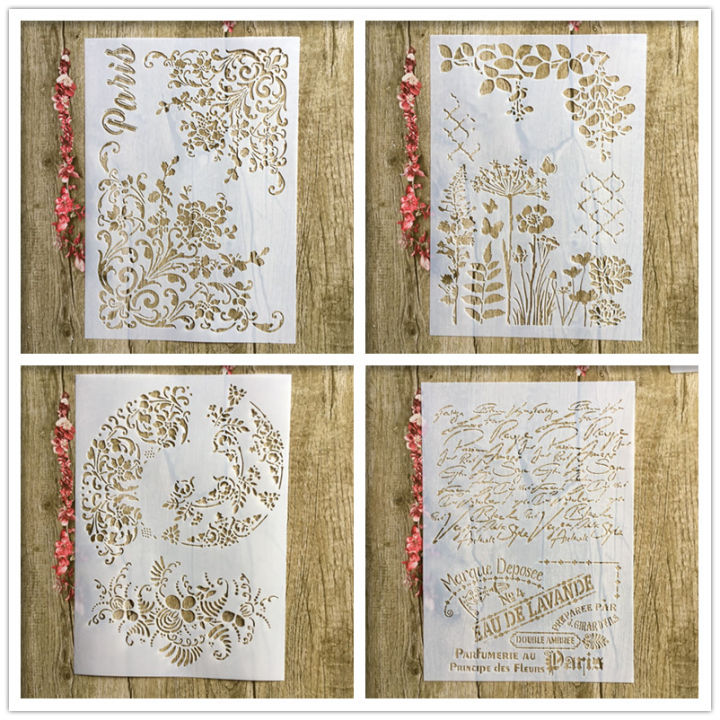 4pcs-lot-a4-floral-french-word-diy-layered-stencil-painting-scrapbook-coloring-embossed-album-decorative-paper-card-template