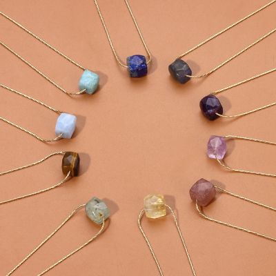 Natural Faceted Cube Beads Pendant Neckalce Square Raw Mineral  Stone Pendant Gold Color Adjustable Chain Neckalce for Women Men Headbands