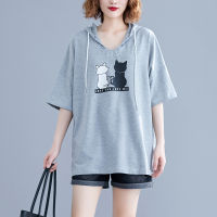 BIG SIZE Summer Women Fashion Kawaii Cat Print Hood Tops Ladies Female Plus Large Short Sleeve Loose Cotton Sweatshirt T shirt