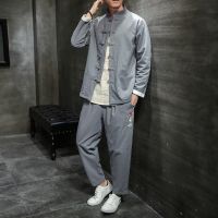 Cotton Linen Men Tai Chi Kungfu Martial Arts Uniform Chinese Style Jacket Sweatshirt+Pant Casual Workout Yoga Tang Set Sweatsuit