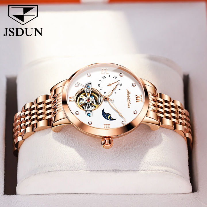 jsdun-ผู้หญิงนาฬิกาหรูอัตโนมัติเดิม-2023-ขายกันน้ำจำนำ-tourbillon-หน้าปัดดวงอาทิตย์ดวงจันทร์ดาวกุหลาบทองนาฬิกา