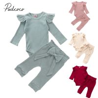 Solid Baby Spring Autumn Ribbed Suit Cotton Ruffle Long-Sleeves Romper Top + Pants Bow Tie Outfits for Infant Girl 0-2 Years  by Hs2023