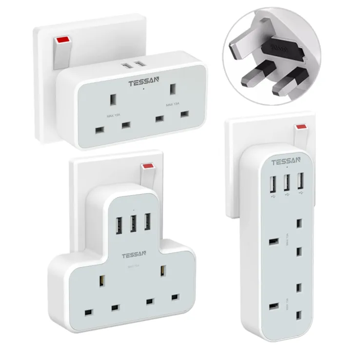 TESSAN 5 in 1 USB Charger Power Socket Multi Plug Adapter with USB ,USB Adapter Wall Charger Extension Power Socket Plug Extension Multi Charger USB Plug Adaptor Wall Socket with 2 AC Outlet and 3 USB