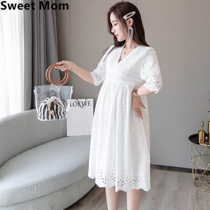 ready-stock-maternity-nursing-dress-v-neck-slim-waist-summer-pregnancy-feeding-dress