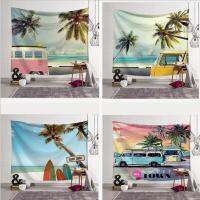 Home Decor Bus Palm Tree Beach Tapestry Ocean Wall Hanging Picnic Mat Blanket Theme Hotel Bedroom Decor 85x75cm