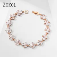 ZAKOL อินเทรนด์ Cubic Zirconia สร้อยข้อมือผู้หญิงสีขาวทองสี Leaf Charm กำไลข้อมือคริสตัลเครื่องประดับจัดงานแต่งงาน BP2178-Huidkeir