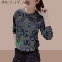 Ruo Bei Xuan เสื้อบางพิมพ์ลายตัวอักษรภาษาอังกฤษหลวมขนาดใหญ่แฟชั่นของผู้หญิงเสื้อแขนยาวคอกลม