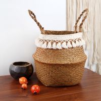 Foldable Handwoven Wicker Storage Baskets Potted Planter Laundry Basket Folding Eco-Friendly Boho Rattan Hanging Basket Seagrass