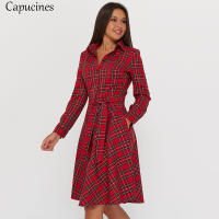 Capucines Vintage Scottish Plaid Shirt Dress Women Autumn Long Sleeve Turn-down Collar Belt Button A line Casual Dresses Vestido