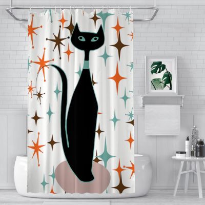 Peace Under A Midnight Sky Shower Curtains Atomic Cat Old Style Waterproof Fabric Creative Bathroom Decor Hooks Home Accessories