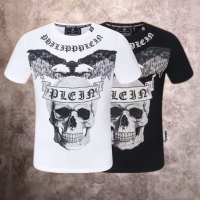 PHILIPP PLEIN เสื้อยืดผู้ชายแขนสั้น,เสื้อยืดแฟชั่นคุณภาพสูงพลอยเทียมขนาดใหญ่เข้ารูปคอกลมสไตล์ลำลองสำหรับผู้ชาย