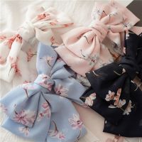 【cw】 Oversized Bow Hair 3 Layers Floral Printed Barrettes Ponytail Holder Hairpins Accessories