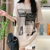 Womens cotton short-sleeved T-shirt retro printed mid-length summer design loose slimming casual top V729