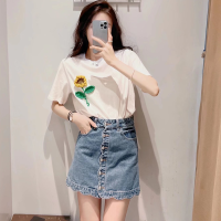 Womens 2022 Fashion New Flower Decorative Pullover Short Sleeve T-Shirt Casual Retro Solid Color Short Female Chic Top Mujer