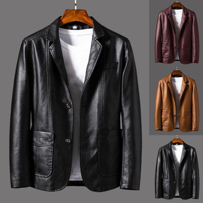 ♗♤ hnf531 wenchengbo®Suit Coat Faux Leather Turn-down Collar Cardigan Solid Color Men Formal Jacket for Meeting