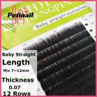 PETINAIL ขนตาแบบตรงของเด็กความหนา0.07 12แถวทำด้วยมือผสม7 ~ 12มม. ความยาวแบบเส้นไหมสีดำด้าน