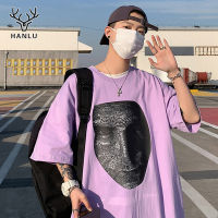 Hanlu เสื้อยืดแขนสั้นพิมพ์ตัวอักษรใบหน้า เสื้อยืดผู้ชาย เสื้อยืดสไตล์ฮิปฮอป เสื้อยืดเทรนด์ครึ่งแขนหลวม เสื้อยืดคู่รักโอเวอร์ไซส์แฟชั่น เสื้อยืดสีทึบแมทช์ง่ายดูผอมแฟชั่น