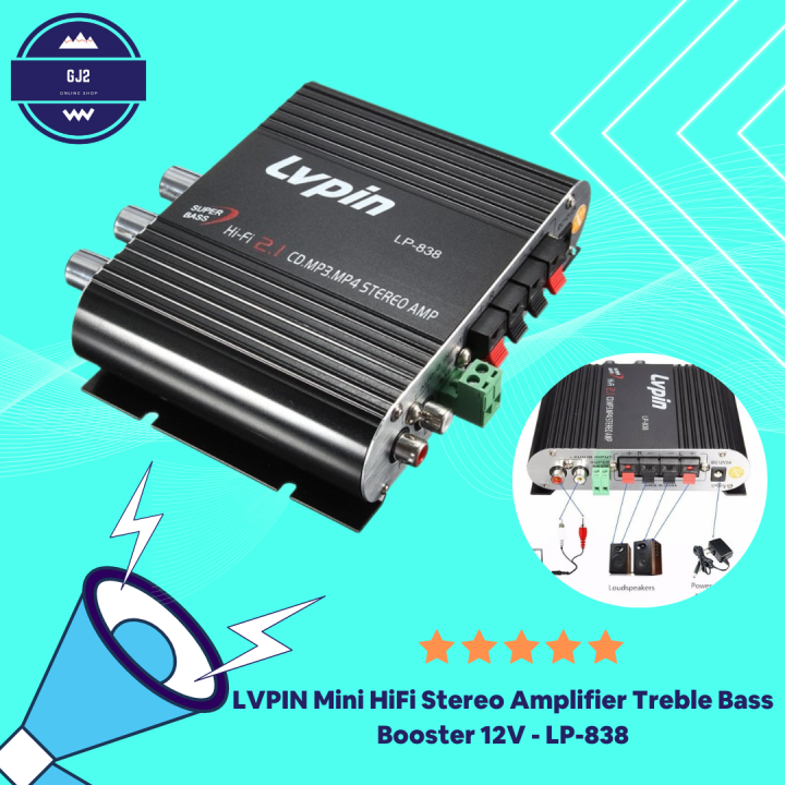 LVPIN Amplifier Mini HiFi Stereo Treble Bass Booster 12V 20W LP838