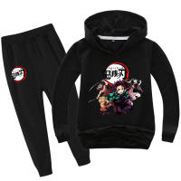 Demon Slayer เสื้อแขนยาวกางเกง2ชิ้นชุดเกาหลีฤดูใบไม้ผลิฤดูใบไม้ร่วง Hoodie Jogger สำหรับชายหญิงผ้าฝ้าย + โพลีเอสเตอร์เด็กเสื้อผ้า