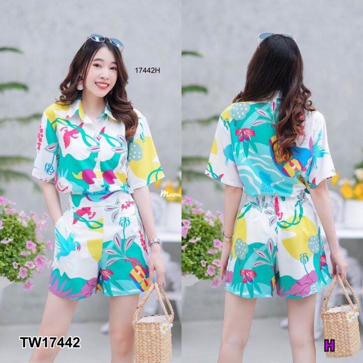 tw17442-set-2-ชิ้น-เสื้อเชิ้ตแขนสั้นพิมลาย-กางเกงขาสั้น