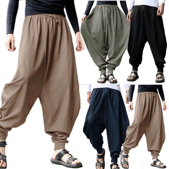 codtianjia6731-men-loose-long-plain-pure-yoga-wide-leg-harem-drop-crotch-baggy-trousers-pants