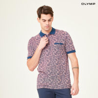 OLYMP LUXOR Casual Polo เสื้อโปโล สีแดงอ่อน พิมพ์ลายใบไม้ ทรงหลวม ใส่สบาย