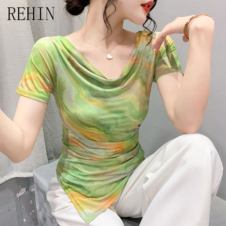 rehin-เสื้อยืดผู้หญิงแขนสั้นพิมพ์ลายหมึก-เสื้อไม่เหมือนใครแฟชั่นใหม่ฤดูร้อน