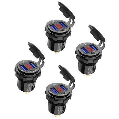 4X Quick Charge 3.0 Dual 12V USB Car Charger, Aluminum Socket with Switch Button and Red Digital Voltmeter, Waterproof