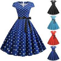 【CC】 Woman Dresses Hepburn 1950s 60s Rockabilly Dot Printed Pinup Gown Robe Vestidos g3