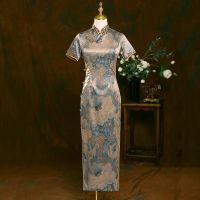 【CW】 Satin Frauen Chinesischen Kleid Kleid Sexy Stehkragen Qipao Schlank Drucken Vintage Taste Cheongsam Elegante Kurzarm Vestidos