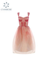 Summer Women Tulle Princess Dress Sleeveless Tie-Dyed Mesh Bubble Dress Elegant Evening Party Prom Kawaii A-line Mini Dress