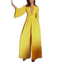 Women Bell Sleeve Loose Deep V Neck Wide Leg Plus Size Playsuit