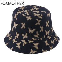 {You have a hat}FOXMOTHER 2021แฟชั่นใหม่หมวกหมวกทรงถังลายผีเสื้อสีดำแบบกลับด้านได้หมวกชาวประมงบ๊อบผู้หญิง Gorras