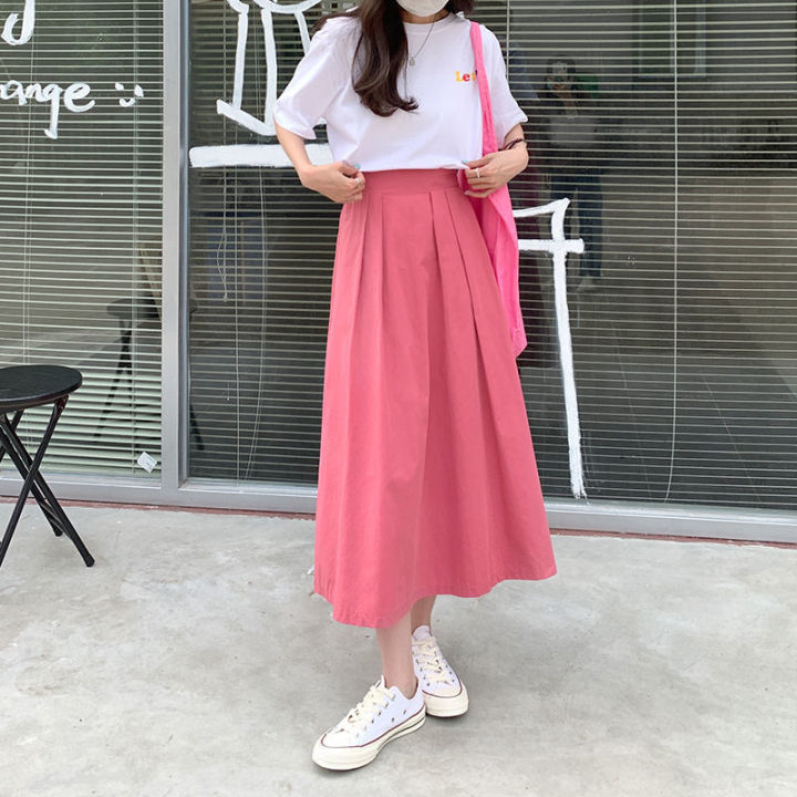กระโปรงผู้หญิงเกาหลีสไตล์เอวสูง-a-line-กระโปรงมีจีบหญิง2023ฤดูร้อนใหม่แฟชั่นสบายๆขนาดใหญ่เสื้อผ้าสตรี