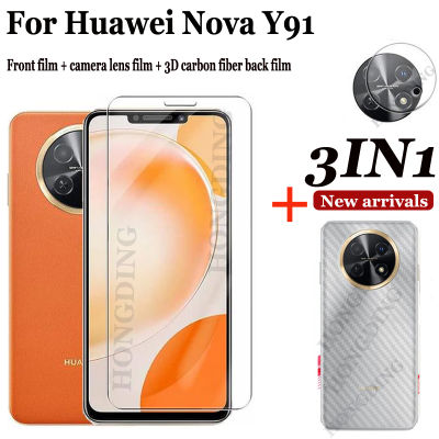 3-In-1สำหรับกระจก Y91 Huawei Nova สำหรับ Huawei Nova Y91คลุมทั้งหมดชัดเจนแบบ HD กระจกนิรภัยแบบเต็มจอภาพฟิล์มสำหรับหัวเว่ย Huawei Nova Y91เลนฟิล์มหลังกระจก